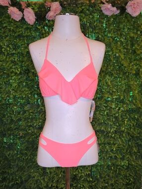 Gianni Bini Coral Pink Ruffle Halter Bikini